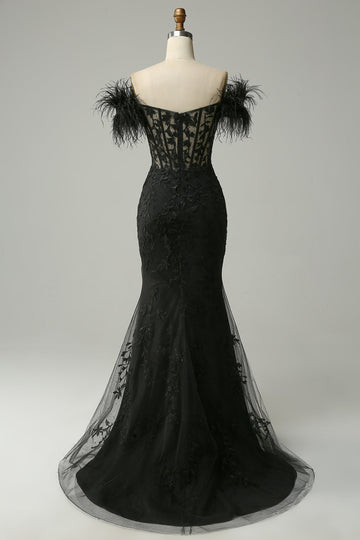 Off the Shoulder Black Mermaid Ball Dress with Feathers